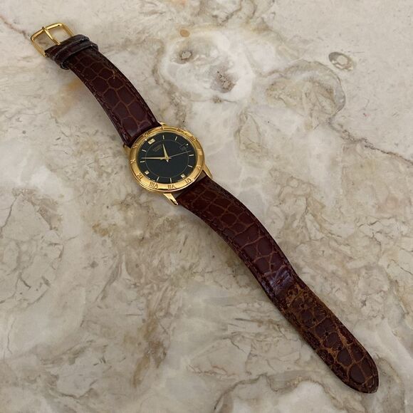 CITIZEN Quartz Watch Gold Tone Case Black Dial Original Croc Embossed Strap - Picture 9 of 12